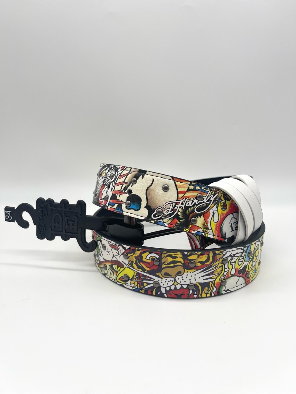 Ed Hardy Tattoo Print Studded Belt White All Over Skull Tiger Vegan Leather 34